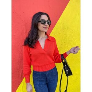 Maeve Women's Size XS Orange Slub Cotton knit Peter Pan Collared Sweater Preppy